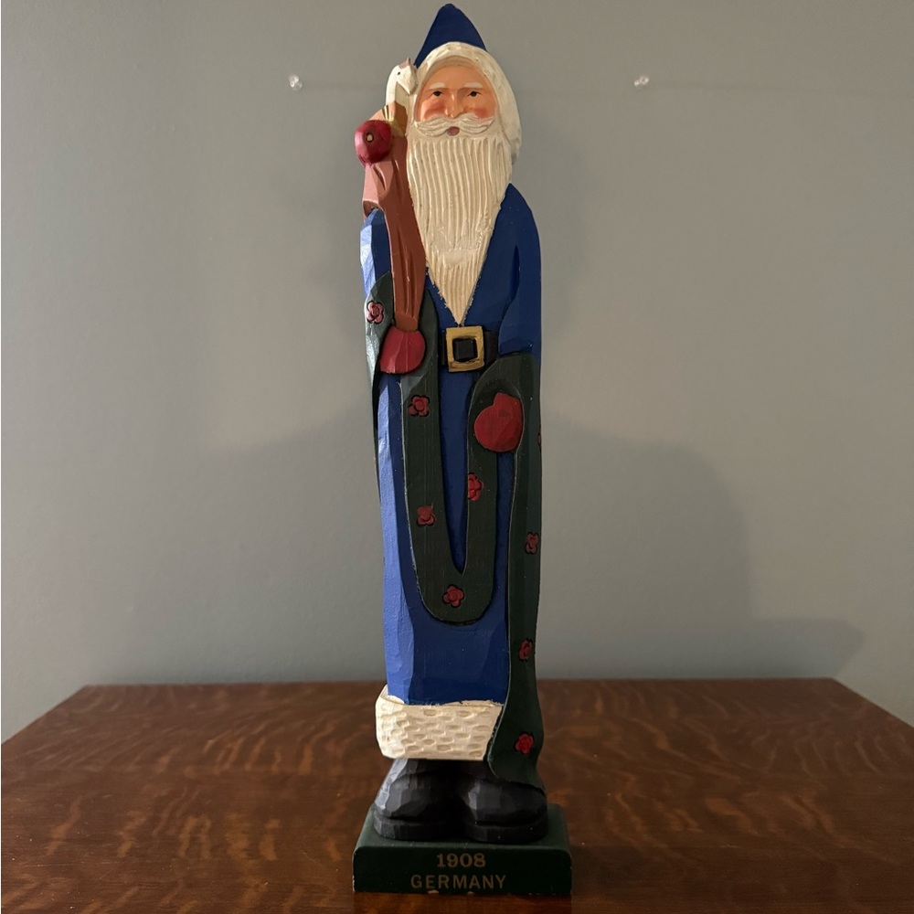 Blue and Red Holiday wooden Santa Figurine 1908 German
